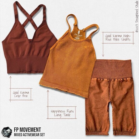 FP MOVEMENT SET: HAPPINESS RUNS LONG TANK + GOOD KARMA CROP BRA + BIKER SHORTS - Picture 1 of 16